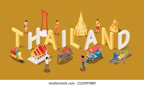 Thailand touristic isometric composition with 3d text surrounded by thai locals traditional transport buildings and tourists vector illustration