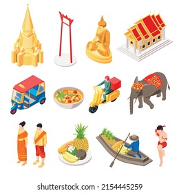 Thailand touristic isometric set with isolated icons of sights and food with people riding scooters boats vector illustration