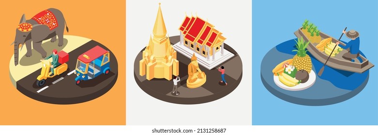 Thailand touristic isometric set with three compositions of elephant and scooter on road temples and food vector illustration