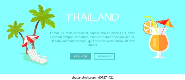 Thailand touristic web banner. Beach chaise lounge with umbrella near palms and citrus cocktail flat vector illustration. Leisure in tropical country horizontal concept for travel company landing page