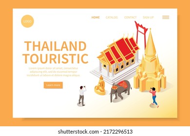 Thailand touristic web site isometric landing page with images of sightseeing landmarks editable text links buttons vector illustration