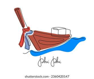 Thailand traditional long tail boat continuous line colourful vector illustration