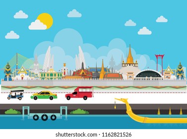 Thailand and traffic with attractions, landmark, vector illustration