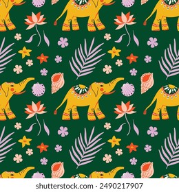 Thailand travel aesthetic seamless vector illustration pattern with traditional Thai elements such as elephant, lotus, exotic tropical leaves, flowers, sea shells, sri lanka, taiwan, indonesian, india