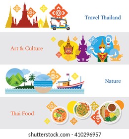 Thailand Travel Banner Concept Set, Attraction, Culture, Nature, Food