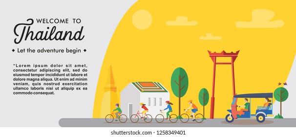Thailand travel banner Illustration of happy family riding bicycles and tuk tuk vector