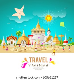 Thailand travel building and landmark in songkran festival summer design background, vector illustration