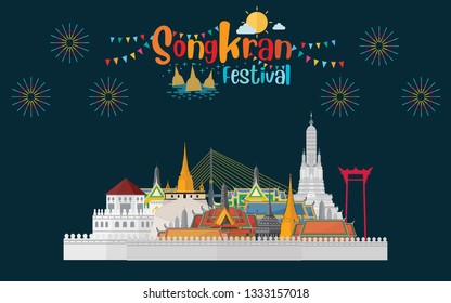 Thailand travel building in Songkran festival. Flat design