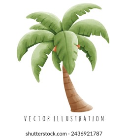 Thailand Travel Collection, Watercolor of Coconut Tree, Vector Illustration.