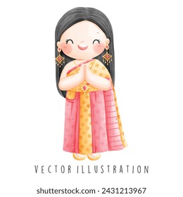 Thailand Travel Collection, Watercolor of Thai Woman,Vector Illustration.