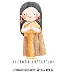 Thailand Travel Collection, Watercolor of Thai Woman,Vector Illustration.