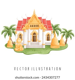 Thailand Travel Collection, Watercolor of Thai Temple, Vector Illustration.