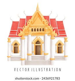 Thailand Travel Collection, Watercolor of Thai Temple, Vector Illustration.