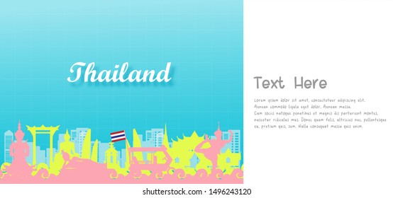 Thailand Travel colorful postcard panorama, poster, tour advertising of world famous landmarks of Thailand in paper cut style. Vector illustration.