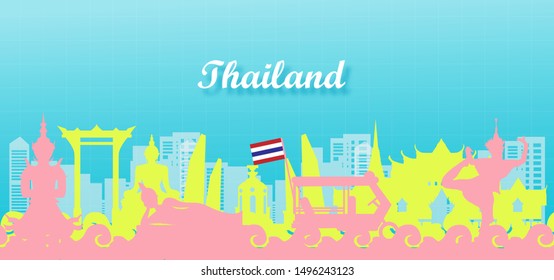 Thailand Travel colorful postcard panorama, poster, tour advertising of world famous landmarks of Thailand in paper cut style. Vector illustration.