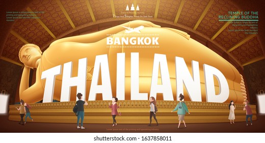 Thailand travel concept design with giant reclining buddha and tourists