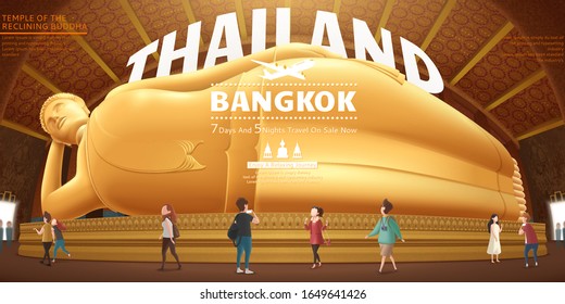 Thailand travel concept design with giant reclining buddha and tourists