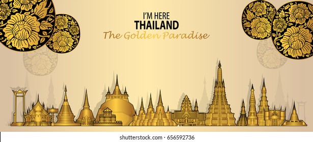 Thailand travel concept (Lai Rod Nam )The Most Beautiful Places To Visit In Thailand in flat style.