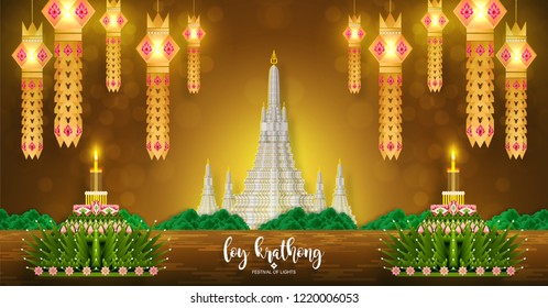 Thailand travel concept. Loy Krathong Festival in flat style.