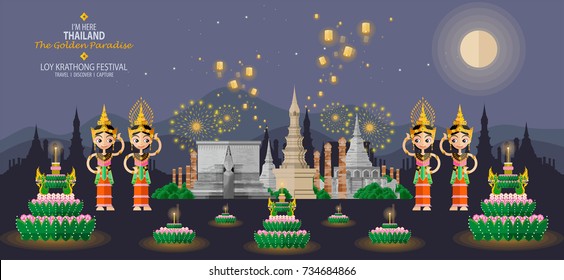 Thailand travel concept. Loy Krathong Festival in flat style.