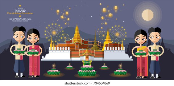 Thailand travel concept. Loy Krathong Festival in flat style.