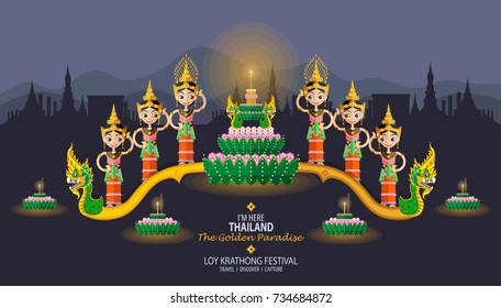 Thailand travel concept. Loy Krathong Festival in flat style.