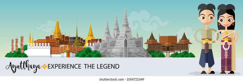 Thailand travel concept - The Most Beautiful Places To Visit In Ayutthaya Thailand - in flat style.