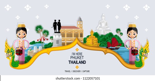 Thailand travel concept The Most Beautiful Places To Visit In Phuket Thailand in flat style.