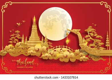 Thailand travel concept The Most Beautiful Places To Visit In Thailand with gold paper cut style on red color Background.