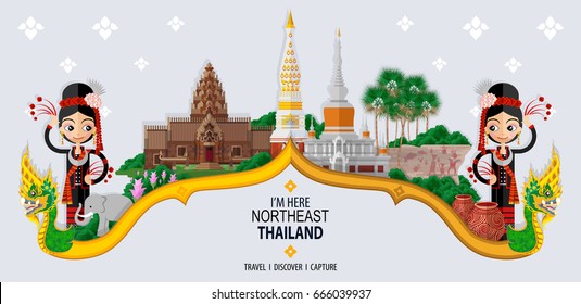 Concepto de viajes en Tailandia - Los lugares más bellos para visitar en el noreste de Tailandia - en estilo plano.