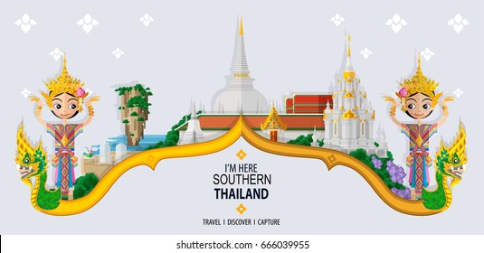 Thailand travel concept - The Most Beautiful Places To Visit In Southern Thailand - in flat style.