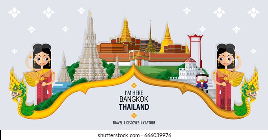 Concepto de viajes tailandés - Los lugares más bellos para visitar en Bangkok Tailandia - en estilo plano.