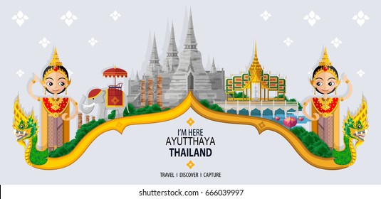 Thailand travel concept - The Most Beautiful Places To Visit In  Ayutthaya Thailand - in flat style.