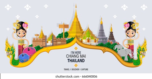 Thailand travel concept - The Most Beautiful Places To Visit In Chiang Mai Thailand - in flat style. svg