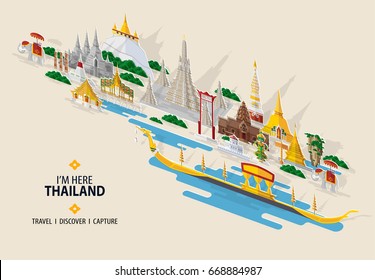 Thailand travel concept The Most Beautiful Places To Visit In Thailand. in flat design and isometric paper cut pop-up style.