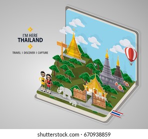 Thailand travel concept The Most Beautiful Places To Visit In Chiang Mai Thailand. in flat design and isometric paper cut pop-up style.