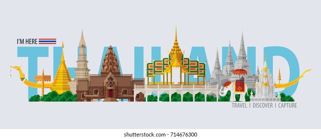 Thailand travel concept - The Most Beautiful Places To Visit In Thailand - in flat style.