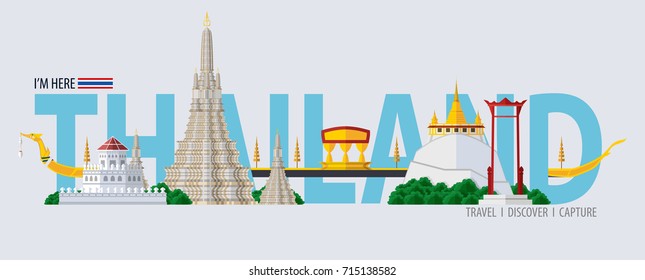 Thailand travel concept - The Most Beautiful Places To Visit In bangkok Thailand - in flat style.