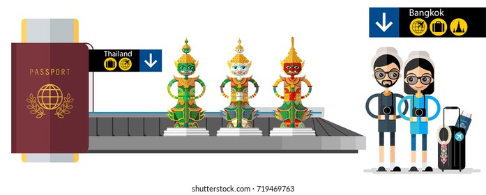 Thailand travel concept the most beautiful places to visit In Thailand. passport and baggage claim in airport in flat style.
