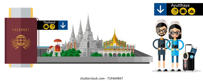 Thailand travel concept the most beautiful places to visit In Thailand. passport and baggage claim in airport in flat style.