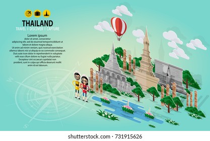 Thailand travel concept. The Most Beautiful Places To Visit In Thailand. in flat design and isometric paper cut pop-up style.