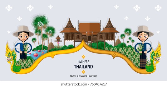 Thailand travel concept - The Most Beautiful Places To Visit In  Thailand - in flat style.