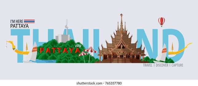 Thailand travel concept - The Most Beautiful Places To Visit In Pattaya Thailand - in flat style.