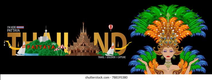 Thailand travel concept - The Most Beautiful Places To Visit In Pattaya Thailand - in flat style.