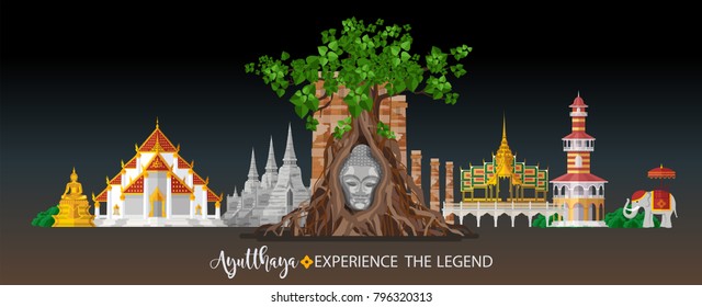 Thailand travel concept - The Most Beautiful Places To Visit In Ayutthaya Thailand - in flat style.