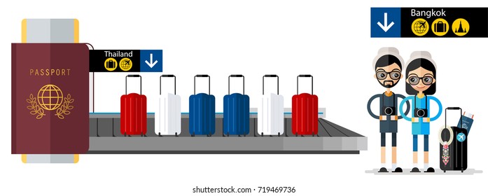 Thailand travel concept, passport and baggage claim in airport in flat style.