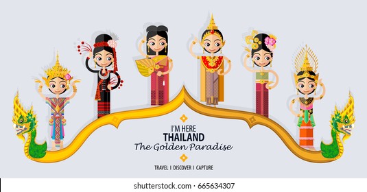 Concepto tailandés de viajes - mujeres tailandesas disfrazadas de baile tradicional, sureñas, nororientales, Rattanakosin, Ayutthaya, Chiang Mai, Sukhothai, en estilo plano.