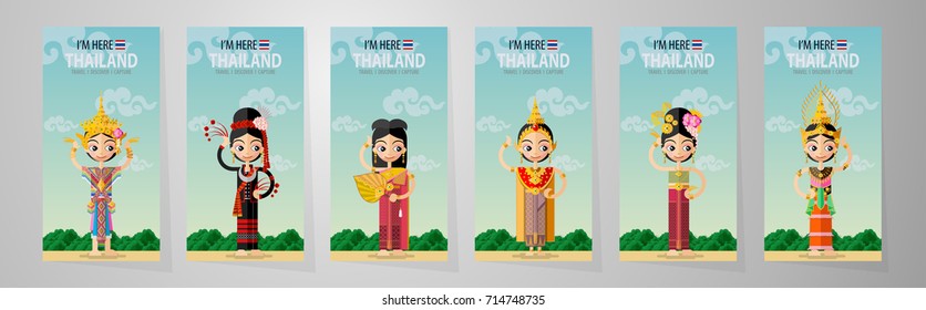 Thailand travel concept - Thai women in Traditional dancing costume, Southern, Northeast, Rattanakosin, Ayutthaya, Chiang Mai, Sukhothai, in flat style.