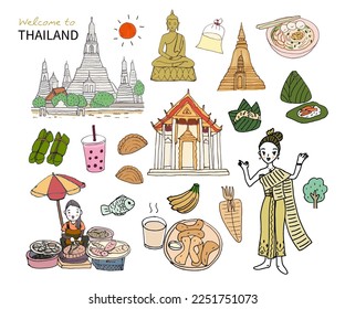 Viajes, cultura, comida, monumentos de Tailandia concepto, todo en ilustración vectorial de estilo dibujado a mano