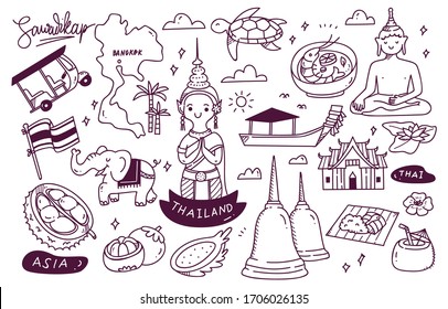 Thailand Travel Destination Doodle Set Vector Illustration